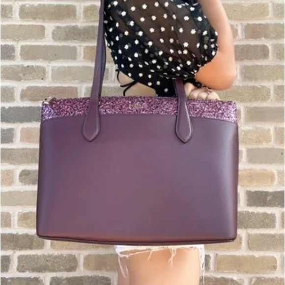 Nwt Kate Spade New York Flash Glitter Cherrywood Leather Tote Bag W Sparkles